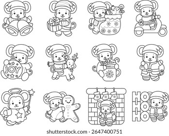 Coloring pages of Funny baby Monkey animal series stock illustration. Lineart of life of fluffy Monkey designs. Outline of money in the variation of christmas party
