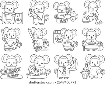 Coloring pages of Funny baby Monkey animal series stock illustration. Lineart of life of fluffy Monkey designs. outline of monkey in the variation of chores and laundry
