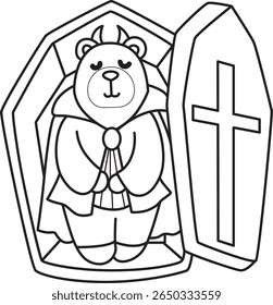Coloring pages of Funny bear in daily activities elements. outline of vampire bear sleeping in the coffin