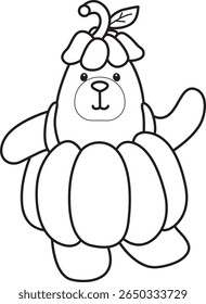 Coloring pages of Funny bear in daily activities elements. outline of bear wearing a pumpkin costume