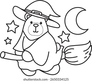 Colorir páginas de Funny urso em elementos de atividades diárias. contorno de urso bruxa dirigindo um vassoura 