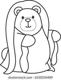 Coloring pages of Funny bear in daily activities elements. outline of bear wearing a with ghost and long hair costume 