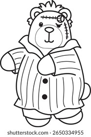 Coloring pages of Funny bear in daily activities elements. outline of bear wearing a Frankenstein costume 