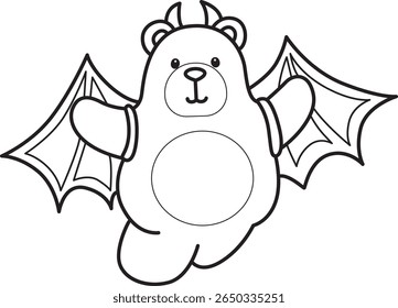 Coloring pages of Funny bear in daily activities elements. outline of bear flying with bat costume