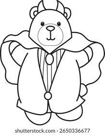 Colorir páginas de Urso engraçado em elementos de atividades diárias. contorno de urso vestindo um traje de vampiro