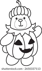 Coloring pages of Funny bear in daily activities elements. outline of bear wearing a pumpkin costume in halloween