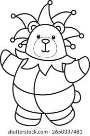 Colorir páginas de Urso engraçado em elementos de atividades diárias. contorno de urso vestindo um traje de palhaço 