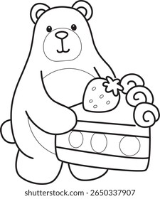 Coloring pages of Funny bear in daily activities elements. outline of bear bring a slice of cake
