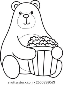 Colorir páginas de Urso engraçado em elementos de atividades diárias. contorno de urso trazer uma pipoca