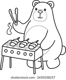 Coloring pages of Funny bear in daily activities elements. outline of bear grilled the barbecue