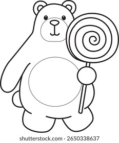 Colorir páginas de Funny urso em elementos de atividades diárias. contorno de urso trazer um pirulito