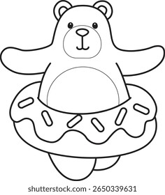 Coloring pages of Funny bear in daily activities elements. outline of bear stuck in the doughnut