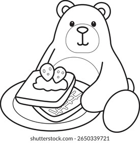 Coloring pages of Funny bear in daily activities elements. outline of bear bring a strawberry bread 
