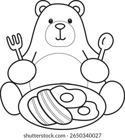 Coloring pages of Funny bear in daily activities elements. outline of bear want to eating bacon