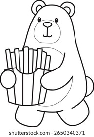 Coloring pages of Funny bear in daily activities elements. outline of bear bring a french fries