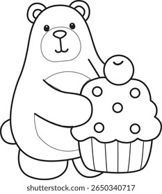 Colorir páginas de Funny urso em elementos de atividades diárias. contorno de urso trazer um cupcake cremoso 