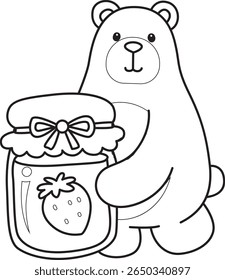 Colorir páginas de Urso engraçado em elementos de atividades diárias. contorno de urso trazer um engarrafamento de morango
