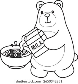 Colorir páginas de Funny urso em elementos de atividades diárias. contorno de urso derramando um leite na tigela de cereal