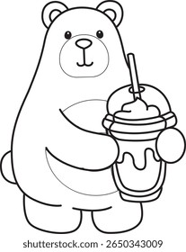 Colorir páginas de Urso engraçado em elementos de atividades diárias. contorno de urso bebendo um milkshake
