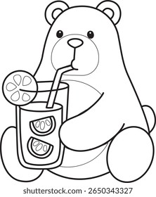 Coloring pages of Funny bear in daily activities elements. outline of bear drinking an orange juice