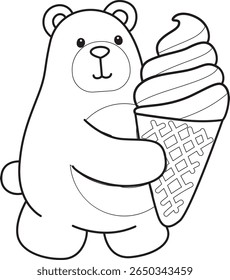 Colorir páginas de Urso engraçado em elementos de atividades diárias. contorno de urso trazer um grande sorvete