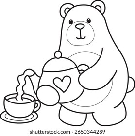 Coloring pages of Funny bear in daily activities elements. outline of bear pouring a tea from the teapot