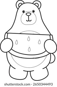 Coloring pages of Funny bear in daily activities elements. outline of bear bring a watermelon