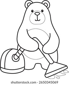 Coloring pages of Funny bear in daily activities elements. outline of bear cleaning the floor with vacuum cleaner