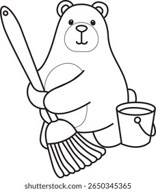 Coloring pages of Funny bear in daily activities elements. outline of bear cleaning the floor with mop and bucket
