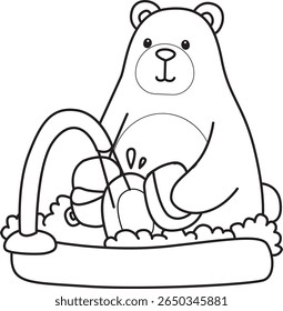 Coloring pages of Funny bear in daily activities elements. outline of bear washing a plate in the sink