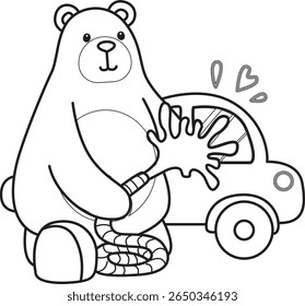 Coloring pages of Funny bear in daily activities elements. outline of bear washing a car