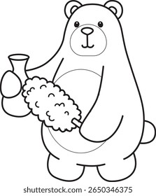 Coloring pages of Funny bear in daily activities elements. outline of bear cleaning the vase with feather duster