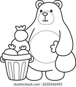 Coloring pages of Funny bear in daily activities elements. outline of bear throw the garbage into its place