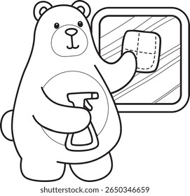 Coloring pages of Funny bear in daily activities elements. outline of bear cleaning the window with spray and wipe