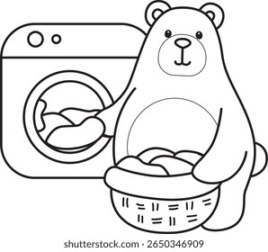 Coloring pages of Funny bear in daily activities elements. outline of bear washing a clothes in the washing machine