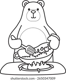 Coloring pages of Funny bear in daily activities elements. outline of bear cooking a fried rice