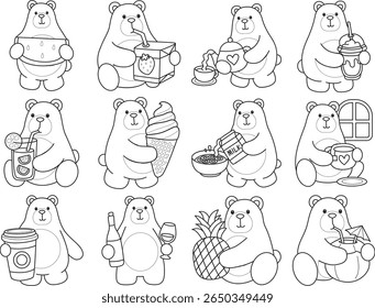 Coloring pages of Funny bear in daily activities elements. outline of bear in the variation of drink and beverage