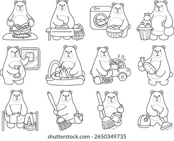 Coloring pages of Funny bear in daily activities elements. outline of bear in the variation of chores and laundry