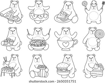 Coloring pages of Funny bear in daily activities elements. outline of bear in the variation of fast food and snack