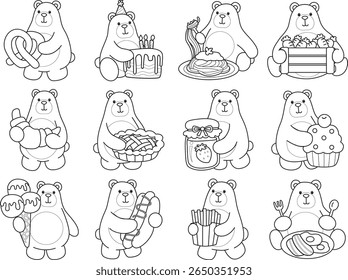 Colorir páginas de Funny urso em elementos de atividades diárias. esboço de urso na variação de junk food e refeição
