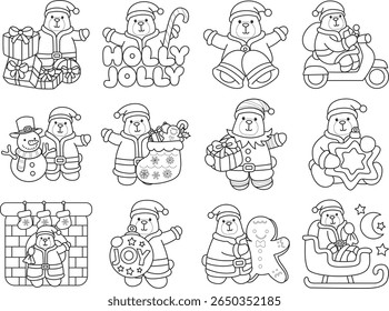 Coloring pages of Funny bear in daily activities elements. outline of bear in the variation of Christmas party