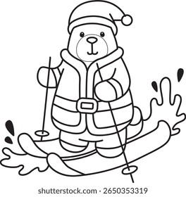 Coloring pages of Funny bear in daily activities elements. outline of Santa bear playing ice skating