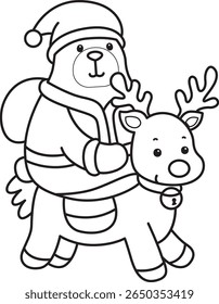 Coloring pages of Funny bear in daily activities elements. outline of Santa bear riding a reindeer
