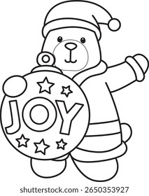 Coloring pages of Funny bear in daily activities elements. outline of Santa bear with Joy decor