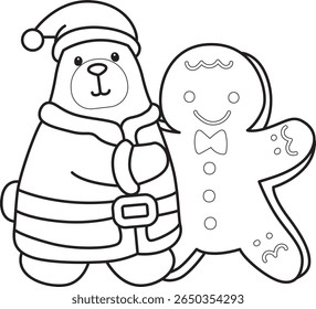 Coloring pages of Funny bear in daily activities elements. outline of Santa bear with ginger bread