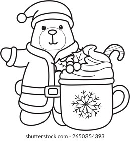Coloring pages of Funny bear in daily activities elements. outline of Santa bear with hot chocolate