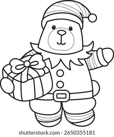 Coloring pages of Funny bear in daily activities elements. outline of dwarf bear bring a gift box