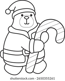 Colorir páginas de Urso engraçado em elementos de atividades diárias. contorno de Papai Noel trazer um doce vermelho e branco