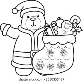 Colorir páginas de urso engraçado em elementos de atividades diárias. contorno de urso de Papai Noel trazer uma meias vermelhas