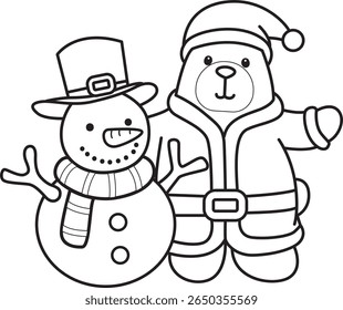 Colorir páginas de Urso engraçado em elementos de atividades diárias. contorno de urso de Papai Noel com boneco de neve